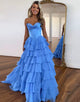 Blue A-Line Sweetheart Sleeveless Cascading Ruffle Prom Dress