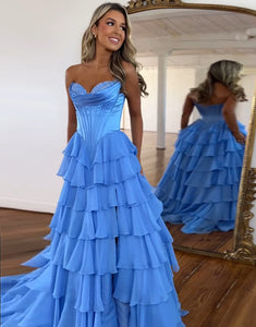 Blue A-Line Sweetheart Sleeveless Cascading Ruffle Prom Dress