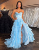 Blue A-Line Sweetheart Sleeveless Cascading Ruffle Prom Dress