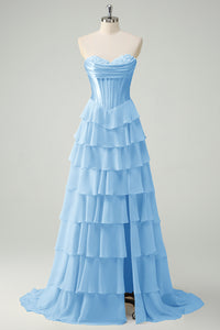 Blue A-Line Sweetheart Sleeveless Cascading Ruffle Prom Dress