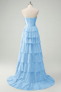 Blue A-Line Sweetheart Sleeveless Cascading Ruffle Prom Dress