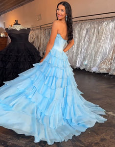 Blue A-Line Sweetheart Sleeveless Cascading Ruffle Prom Dress