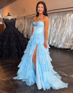 Blue A-Line Sweetheart Sleeveless Cascading Ruffle Prom Dress