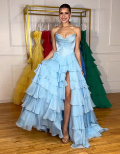 Blue A-Line Sweetheart Sleeveless Cascading Ruffle Prom Dress