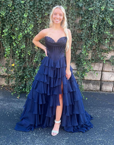 Blue A-Line Sweetheart Sleeveless Cascading Ruffle Prom Dress