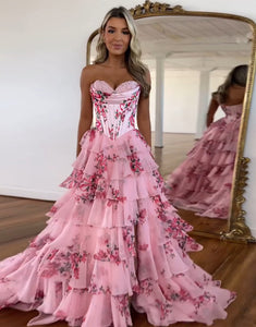 Blush A-Line Sweetheart Tulle Cascading Ruffle Slit Prom Dress