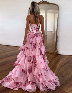 Blush A-Line Sweetheart Tulle Cascading Ruffle Slit Prom Dress