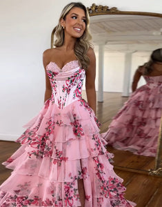 Blush A-Line Sweetheart Tulle Cascading Ruffle Slit Prom Dress