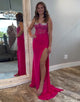 Red Sheath Spaghetti Slit Prom Dress with Sweep Train