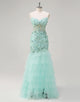 Green Mermaid 3D Flower Tulle Cascading Ruffles Prom Dress