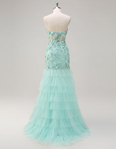 Green Mermaid 3D Flower Tulle Cascading Ruffles Prom Dress