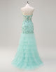 Green Mermaid 3D Flower Tulle Cascading Ruffles Prom Dress