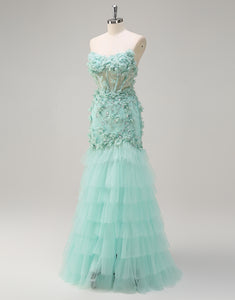 Green Mermaid 3D Flower Tulle Cascading Ruffles Prom Dress