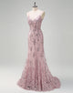 Grey Pink Mermaid Spaghetti Sequin Tulle Prom Dress