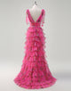 Fuchsia A-Line V-neck Print Tulle Prom Dress with Slit