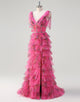 Fuchsia A-Line V-neck Print Tulle Prom Dress with Slit