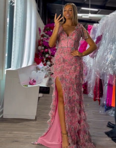 Fuchsia A-Line V-neck Print Tulle Prom Dress with Slit