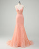 Orange Mermaid Spaghetti Crystal Applique Prom Dress