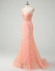 Orange Mermaid Spaghetti Crystal Applique Prom Dress