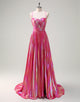 Fuchsia Spaghetti A-Line Hollow Prom Dress with Sweep Train