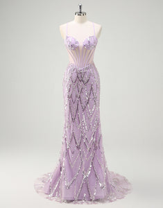 Fashion Lilac Sequin Mermaid Spaghetti Prom Dress with Sweep Train