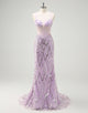 Fashion Lilac Sequin Mermaid Spaghetti Prom Dress with Sweep Train