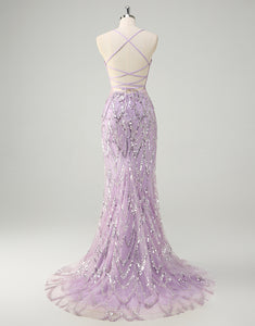 Fashion Lilac Sequin Mermaid Spaghetti Prom Dress with Sweep Train