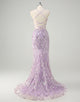 Fashion Lilac Sequin Mermaid Spaghetti Prom Dress with Sweep Train