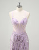 Fashion Lilac Sequin Mermaid Spaghetti Prom Dress with Sweep Train