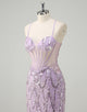 Fashion Lilac Sequin Mermaid Spaghetti Prom Dress with Sweep Train