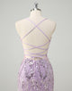 Fashion Lilac Sequin Mermaid Spaghetti Prom Dress with Sweep Train