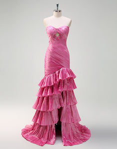 Fuchsia Sweetheart Mermaid Tiered Long Prom Dress with Slit