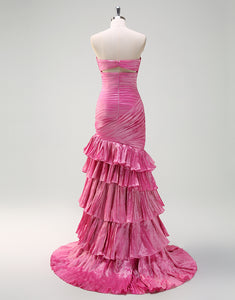 Fuchsia Sweetheart Mermaid Tiered Long Prom Dress with Slit