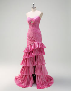 Fuchsia Sweetheart Mermaid Tiered Long Prom Dress with Slit