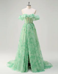 Green A-Line Print Strapless Tulle Prom Dress