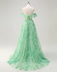 Green A-Line Print Strapless Tulle Prom Dress