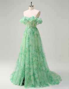 Green A-Line Print Strapless Tulle Prom Dress