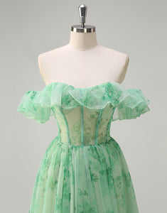 Green A-Line Print Strapless Tulle Prom Dress