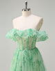 Green A-Line Print Strapless Tulle Prom Dress