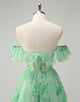 Green A-Line Print Strapless Tulle Prom Dress