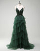 Dark Green Spaghetti Straps Princess Tulle Tiered Long Prom Dress