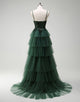 Dark Green Spaghetti Straps Princess Tulle Tiered Long Prom Dress