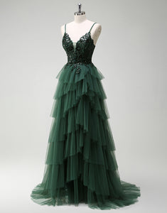 Dark Green Spaghetti Straps Princess Tulle Tiered Long Prom Dress