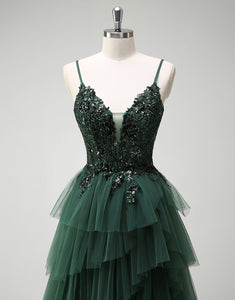 Dark Green Spaghetti Straps Princess Tulle Tiered Long Prom Dress