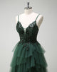 Dark Green Spaghetti Straps Princess Tulle Tiered Long Prom Dress