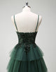 Dark Green Spaghetti Straps Princess Tulle Tiered Long Prom Dress