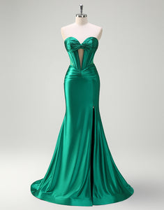 Dark Green Mermaid Sweetheart Neck Hollow Prom Dress with Slit