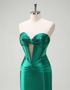 Dark Green Mermaid Sweetheart Neck Hollow Prom Dress with Slit