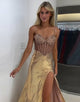 Sparkly Gold Mermaid Spaghetti Long Prom Dress with Slit