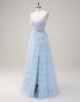 3D Flower A-Line Spaghetti Tiered Tulle Prom Dress